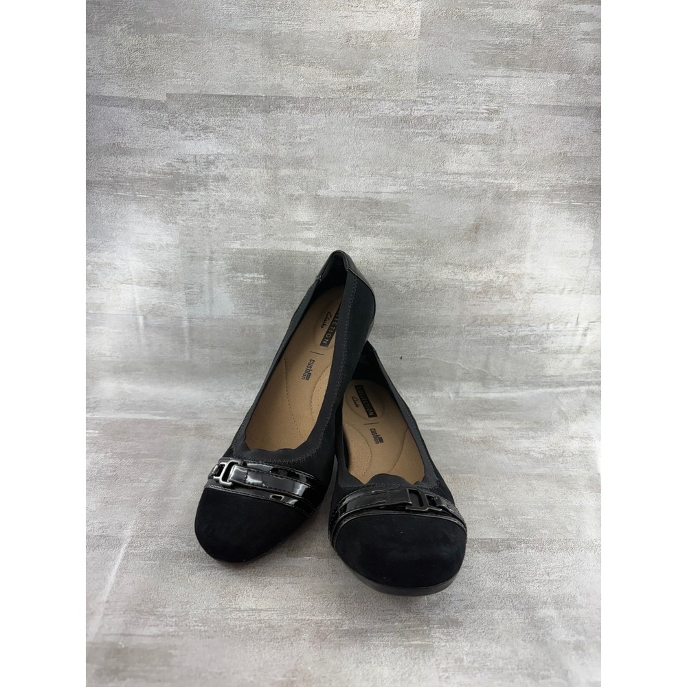 Clarks Collection Cushion Soft Black Suede Patent Buckle Flats Women Sz 7.5M